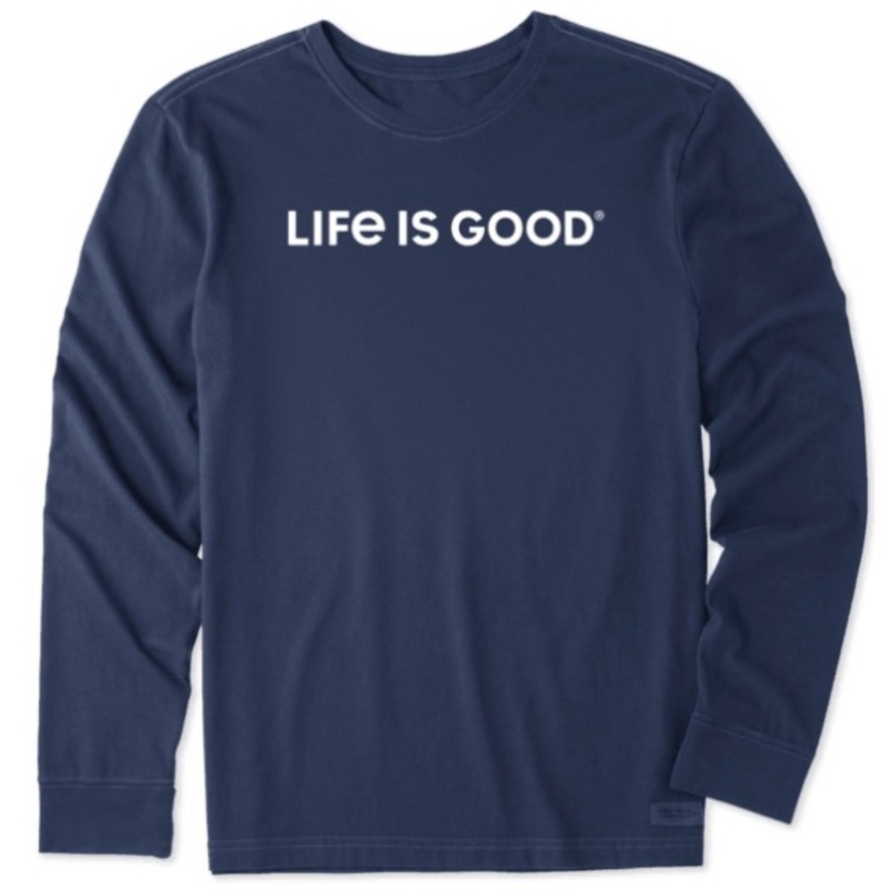 Life is Good Men’s Wordmark Horizontal LS Crusher Tee, Darkest Blue, Large, New